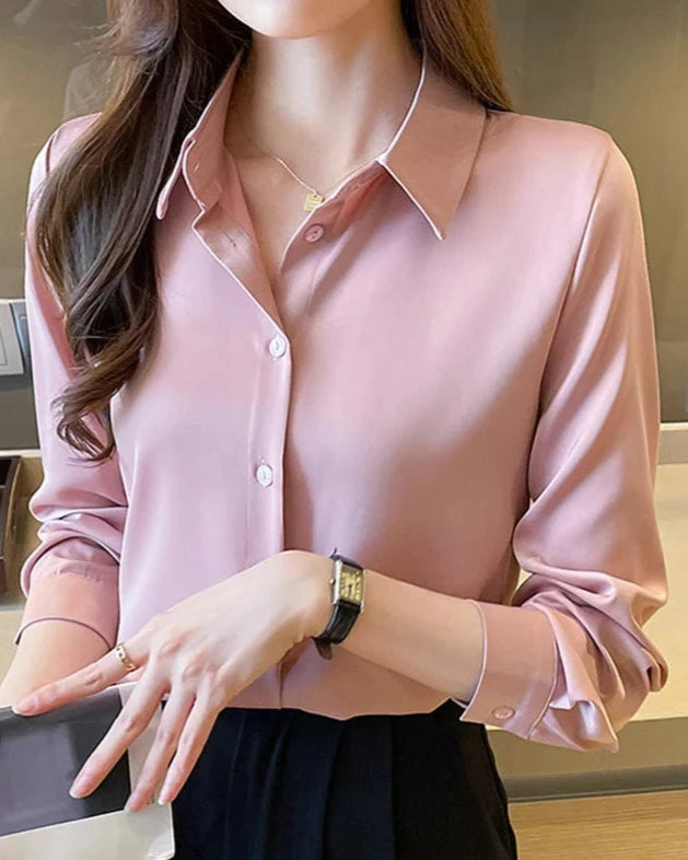 Chemise Hortense femme, rose, tissu satin brillant, élégance raffinée.