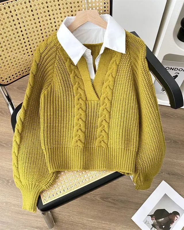 Pull Célie jaune femme, col polo pour une touche d’élégance Old Money.